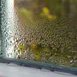 Pane of glass with water droplets, showing a blurred outdoor scene, relevant for Walker Plumbing's HVAC maintenance tips.