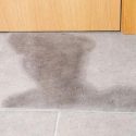 Silhouette of a teddy bear shadow on a gray floor near a wooden door, showcasing the ambiance of childhood nostalgia.