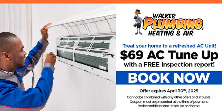 Technician performing AC tune-up for Walker Plumbing, Heating & Air, featuring $69 service offer and free inspection report.